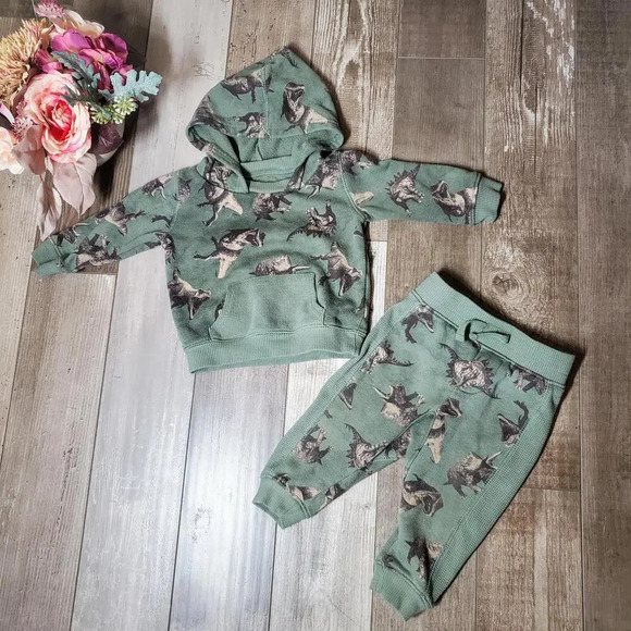Wonder Nation Toddler Boy Hoodie and Joggers Set 2-Piece Size 12m Green Dino - Picture 1 of 14